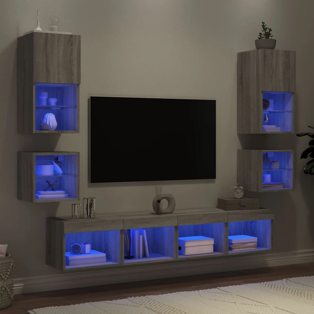 TV staliukas Sieninė TV sekcija su LED, 8 dalių, pilka ąžuolo, mediena