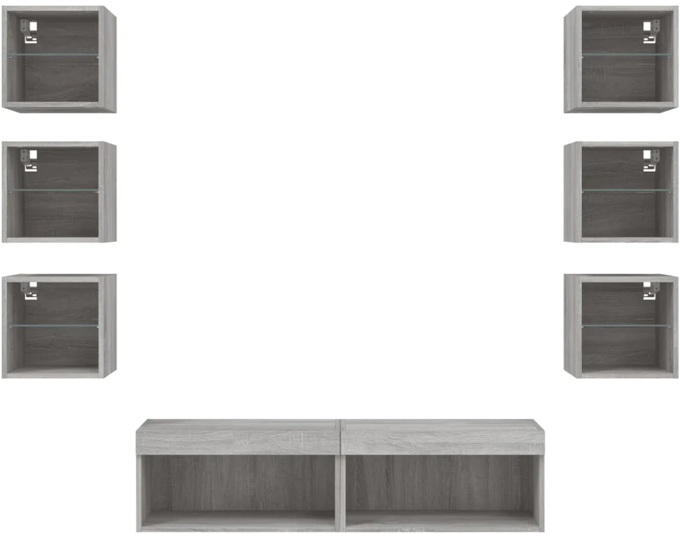 TV staliukas Sieninė TV sekcija su LED, 8 dalių, pilka ąžuolo, mediena