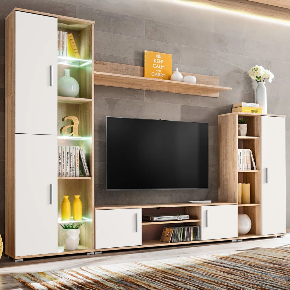 TV staliukas Sieninė TV sekcija su LED švies., Sonoma ąžuolo mediena, balta
