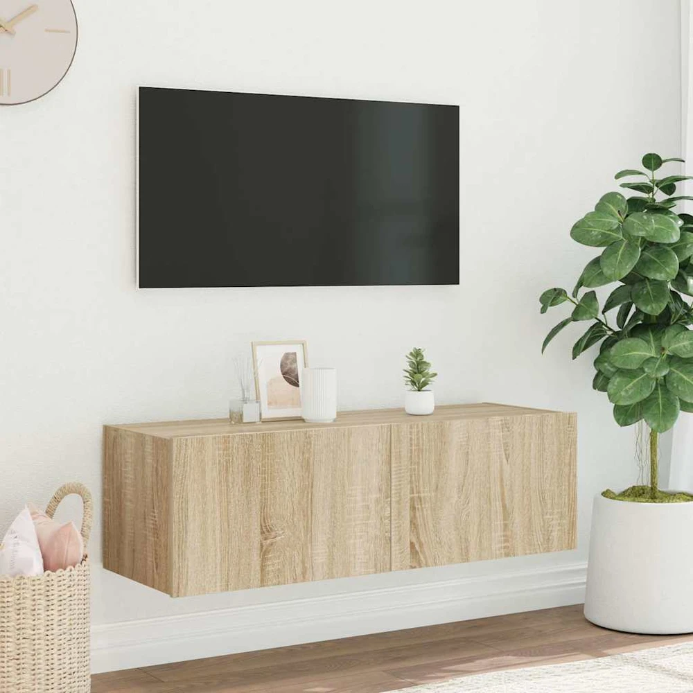 TV staliukas Sieninė TV spintelė su LED lemputėmis, ąžuolo, 100x35x31cm