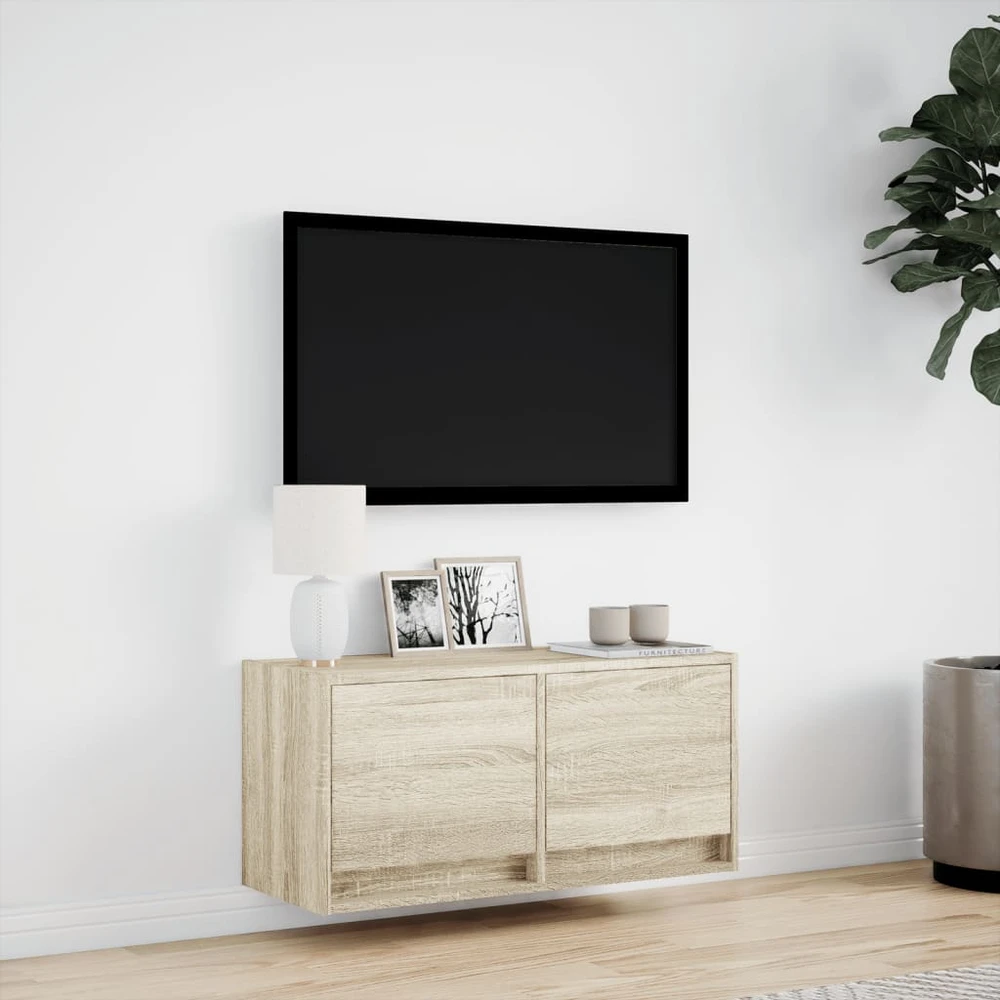 TV staliukas Sieninė TV spintelė su LED lemputėmis, ąžuolo, 80x31x35cm