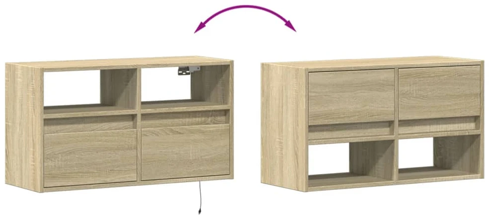TV staliukas Sieninė TV spintelė su LED lemputėmis, ąžuolo, 80x31x45cm