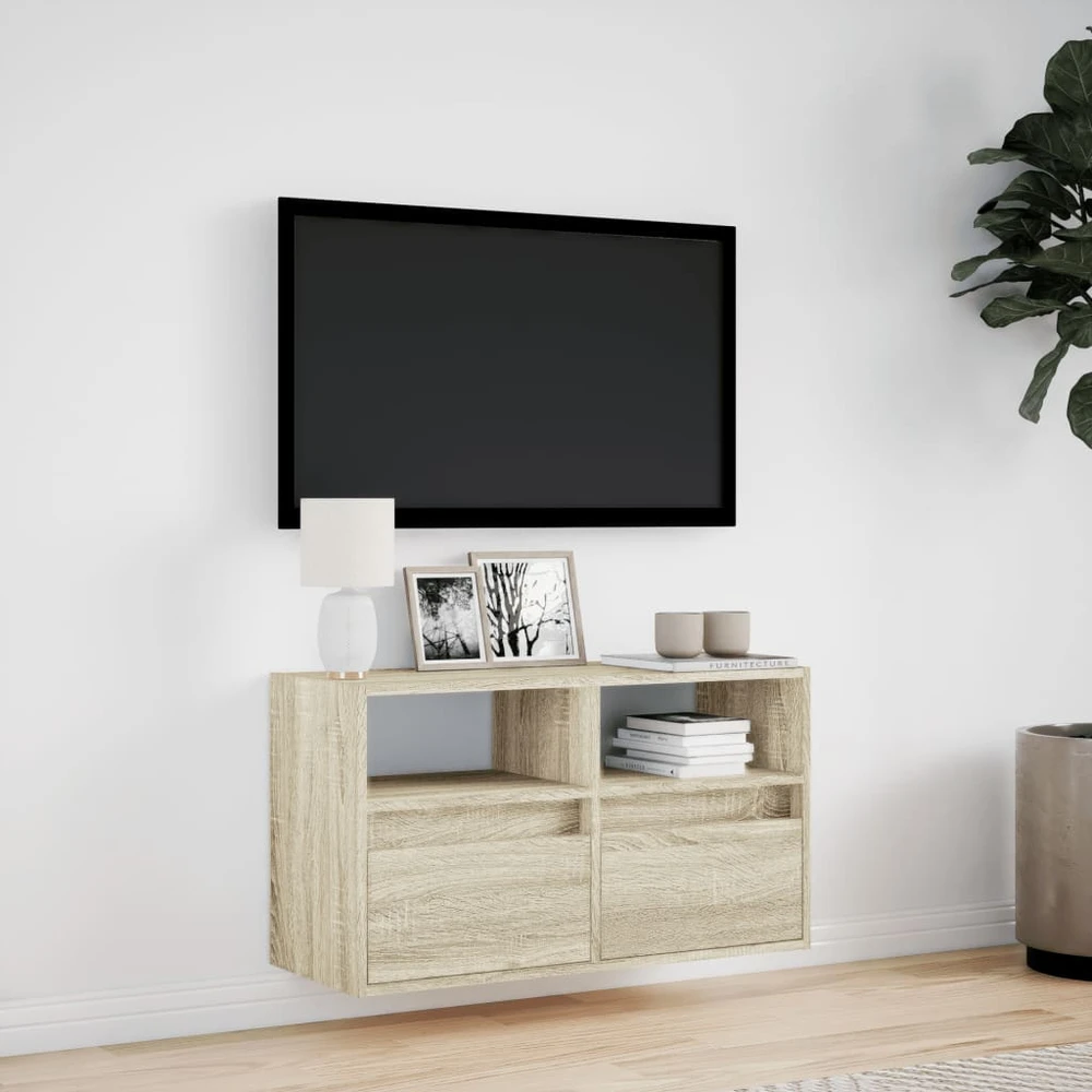 TV staliukas Sieninė TV spintelė su LED lemputėmis, ąžuolo, 80x31x45cm