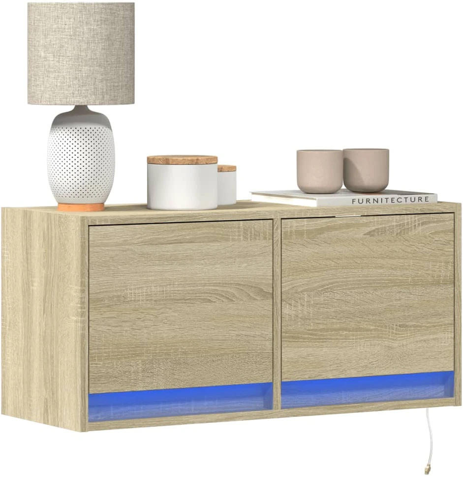 TV staliukas Sieninė TV spintelė su LED lemputėmis, ąžuolo, 80x31x35cm