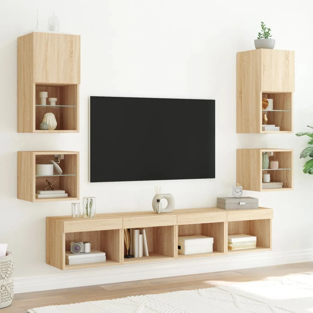 TV staliukas Sieninė TV spintelė su LED lemputėmis, ąžuolo, 30x28,5x30cm