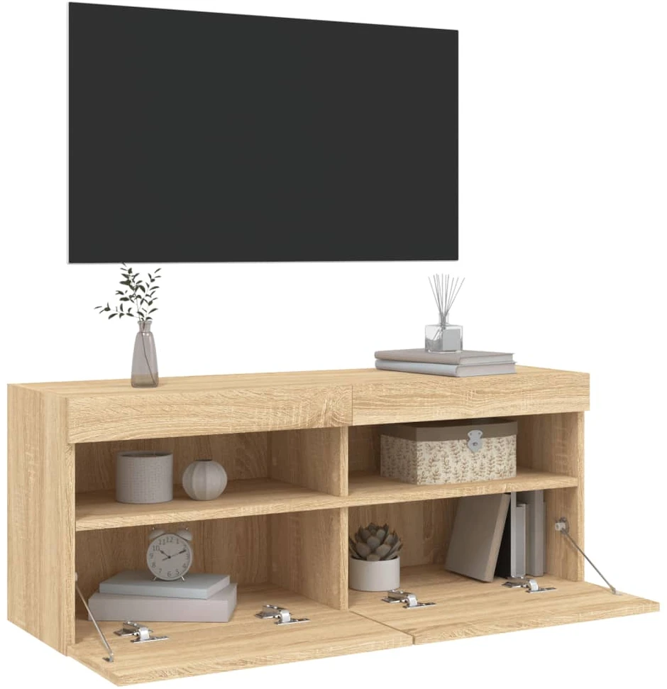 TV staliukas Sieninė TV spintelė su LED lemputėmis, ąžuolo, 100x30x40cm