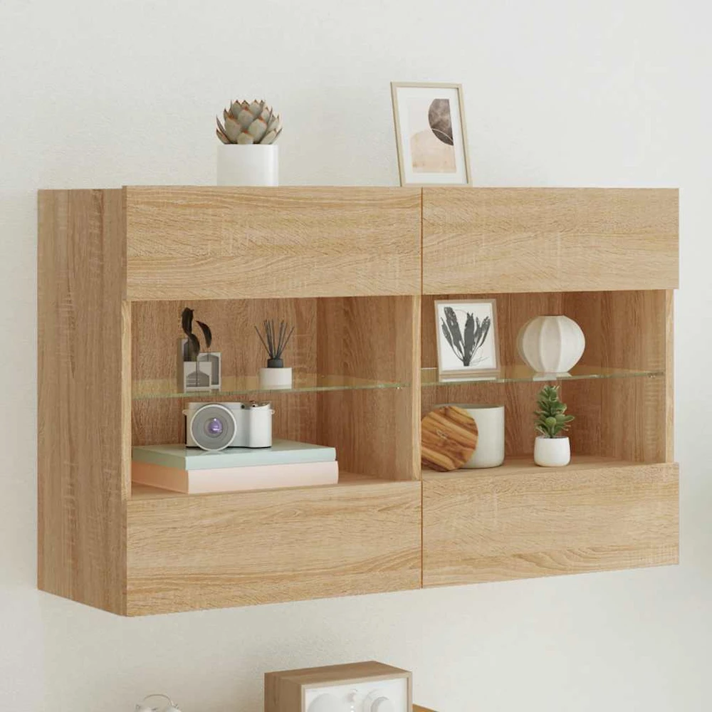 TV staliukas Sieninė TV spintelė su LED lemputėmis, ąžuolo, 98,5x30x60,5cm