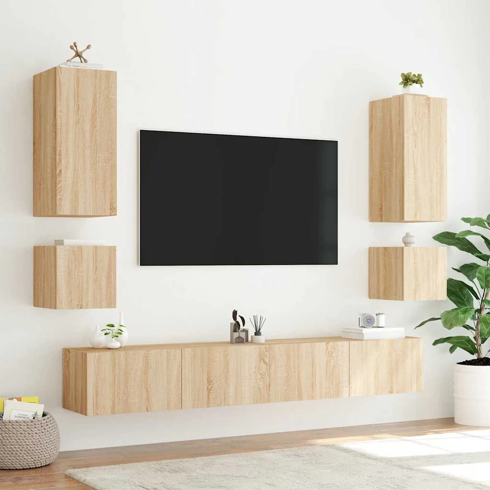 TV staliukas Sieninė TV spintelė su LED lemputėmis, ąžuolo, 40,5x35x40cm