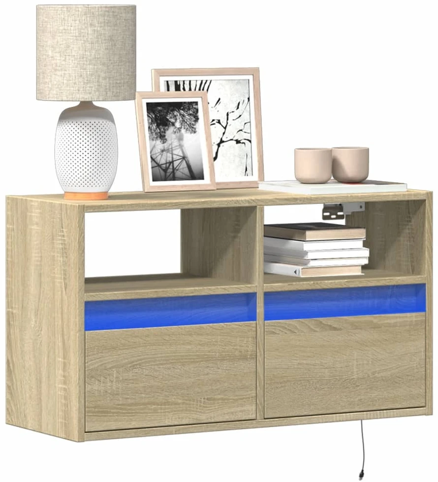 TV staliukas Sieninė TV spintelė su LED lemputėmis, ąžuolo, 80x31x45cm