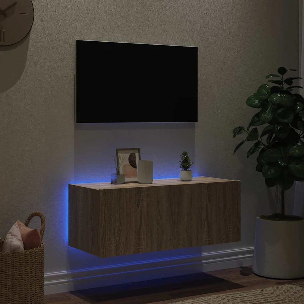 TV staliukas Sieninė TV spintelė su LED lemputėmis, ąžuolo, 80x35x31cm