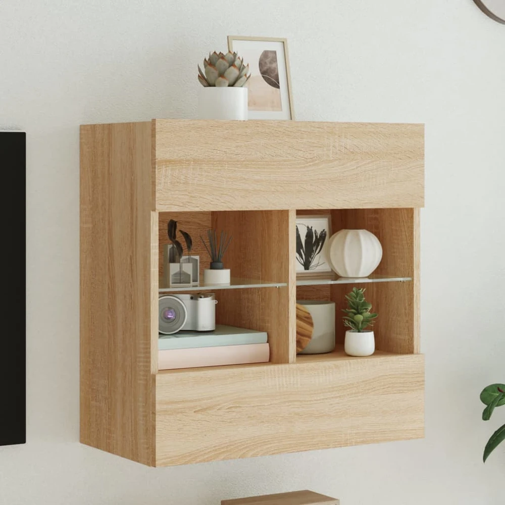 TV staliukas Sieninė TV spintelė su LED lemputėmis, ąžuolo, 58,5x30x60,5cm