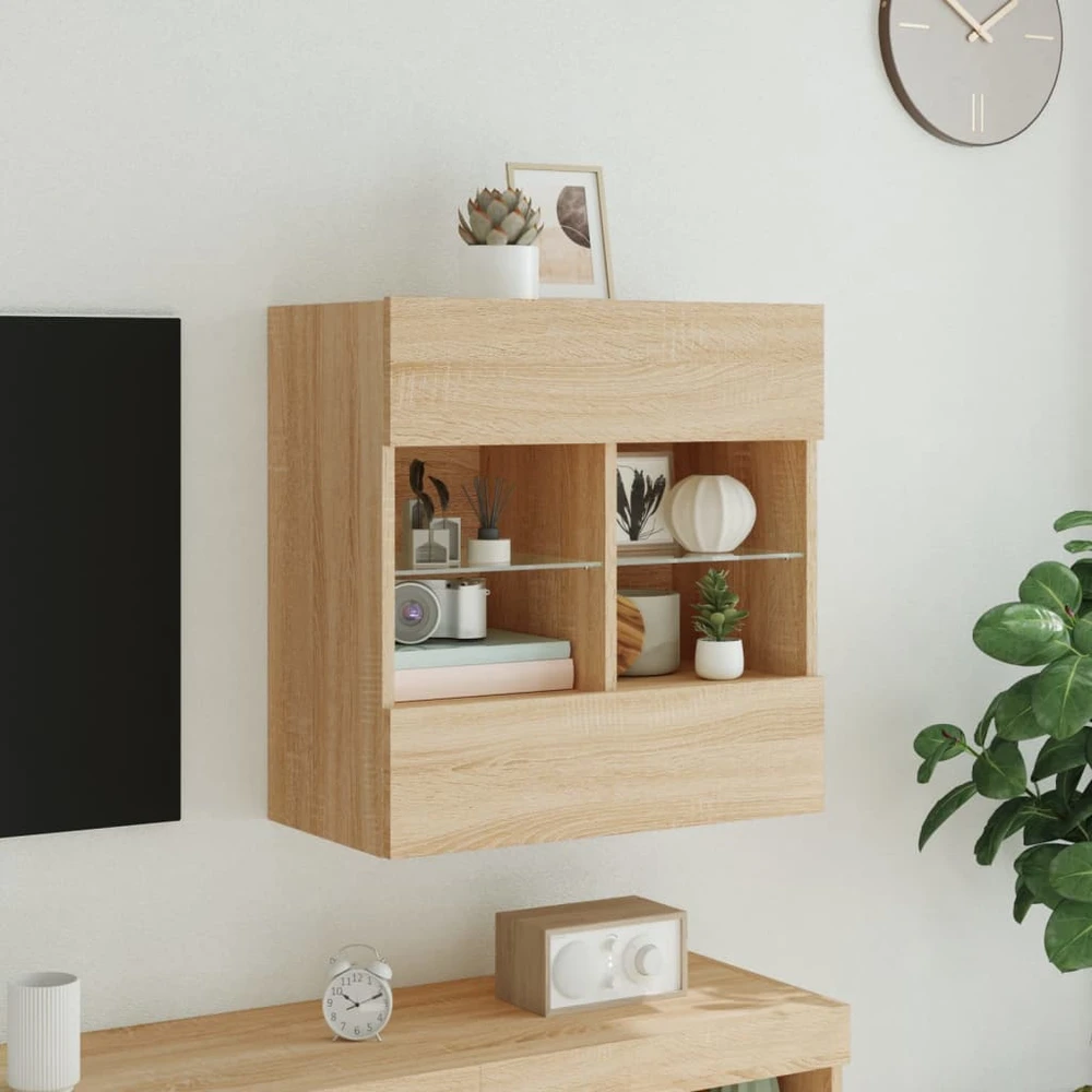 TV staliukas Sieninė TV spintelė su LED lemputėmis, ąžuolo, 58,5x30x60,5cm