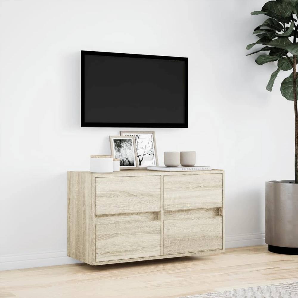 TV staliukas Sieninė TV spintelė su LED lemputėmis, ąžuolo, 80x31x45cm