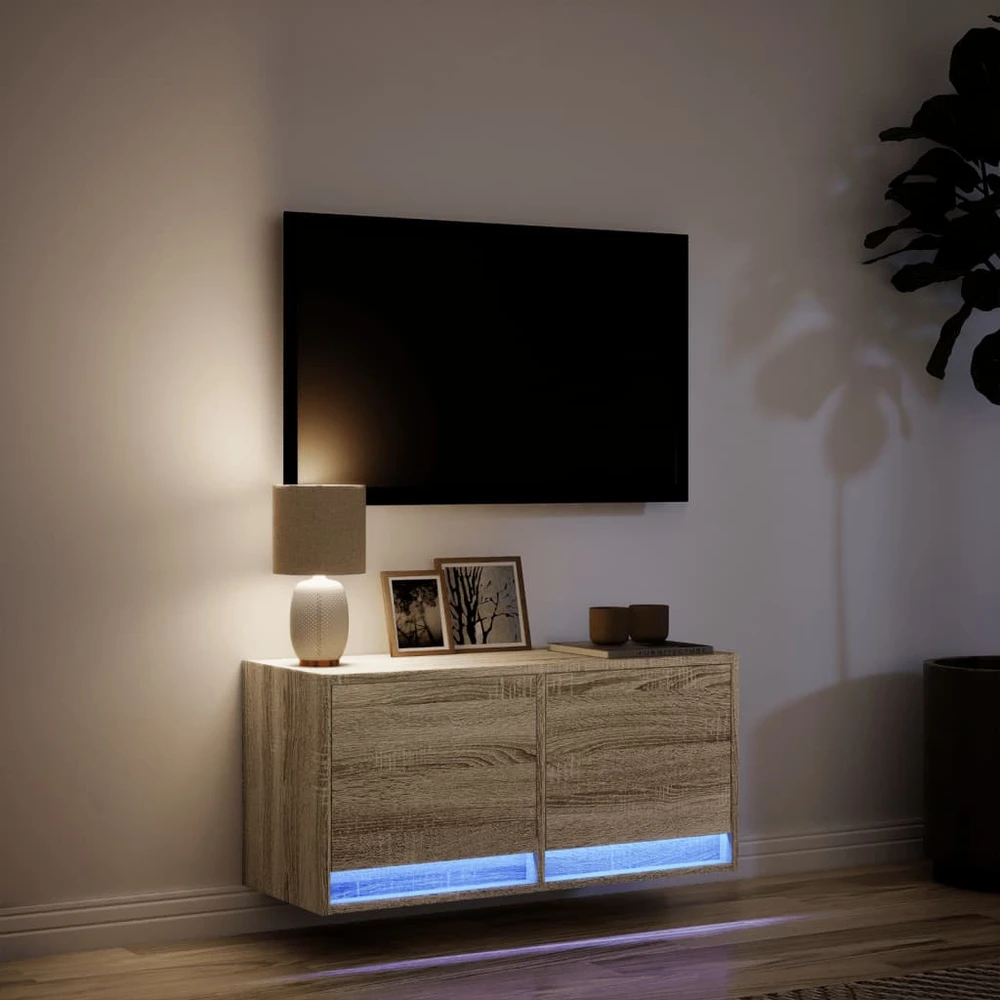 TV staliukas Sieninė TV spintelė su LED lemputėmis, ąžuolo, 80x31x35cm