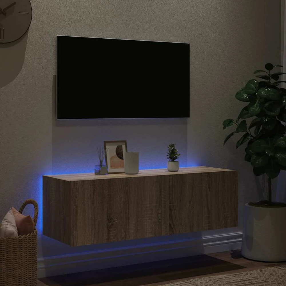 TV staliukas Sieninė TV spintelė su LED lemputėmis, ąžuolo, 100x35x31cm