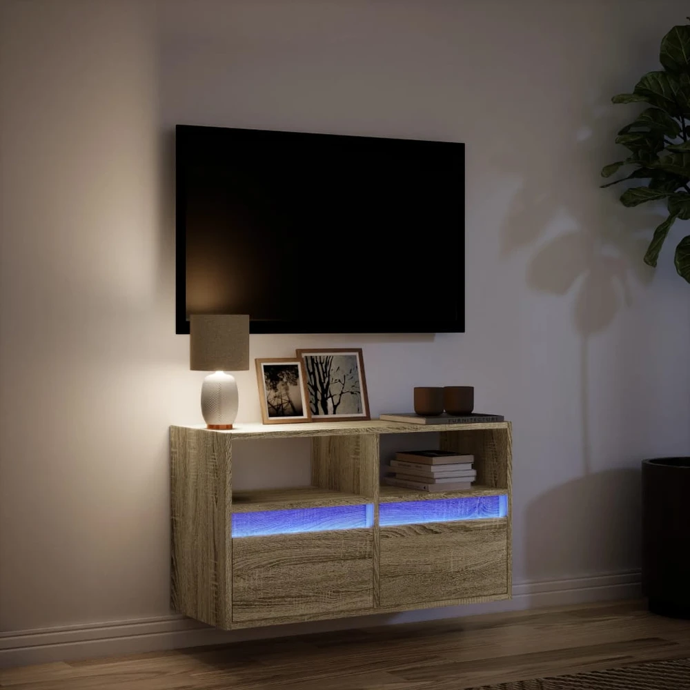 TV staliukas Sieninė TV spintelė su LED lemputėmis, ąžuolo, 80x31x45cm