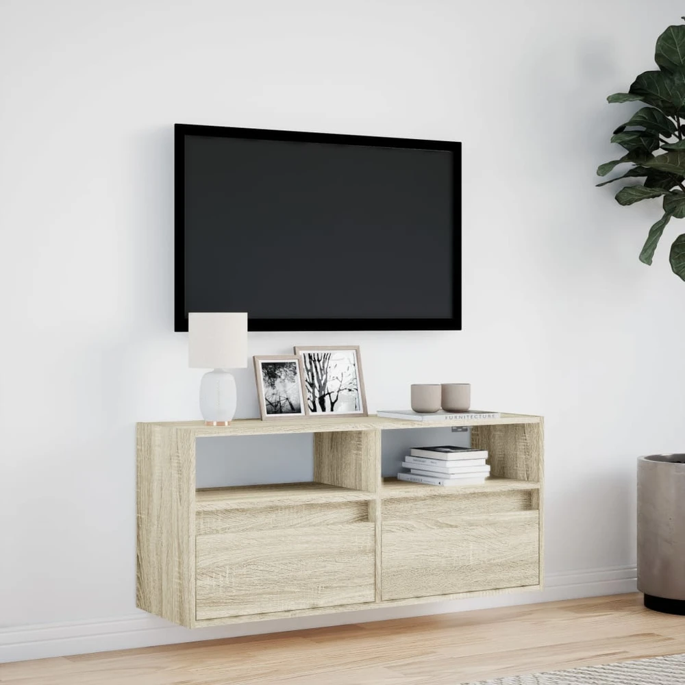 TV staliukas Sieninė TV spintelė su LED lemputėmis, ąžuolo, 100x31x45cm