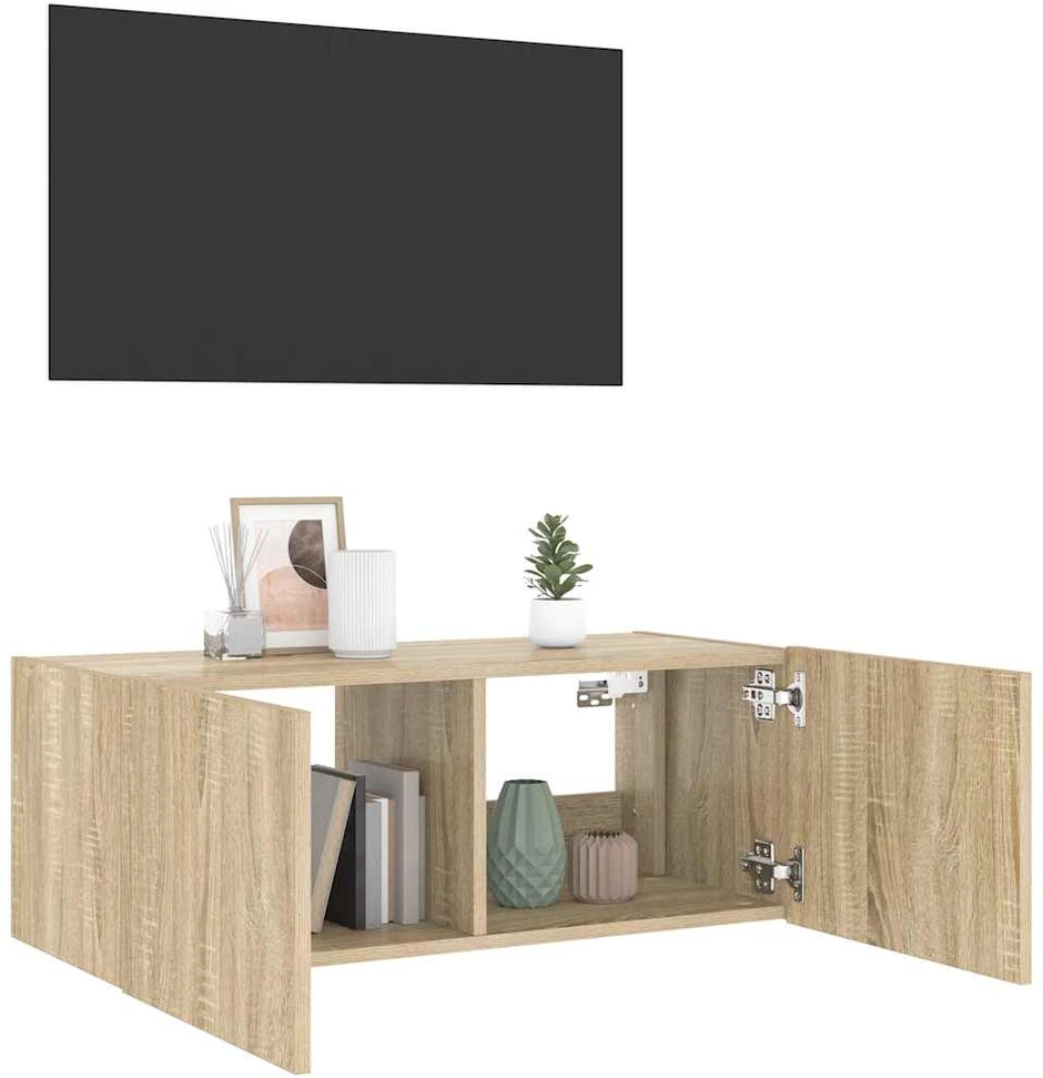 TV staliukas Sieninė TV spintelė su LED lemputėmis, ąžuolo, 80x35x31cm