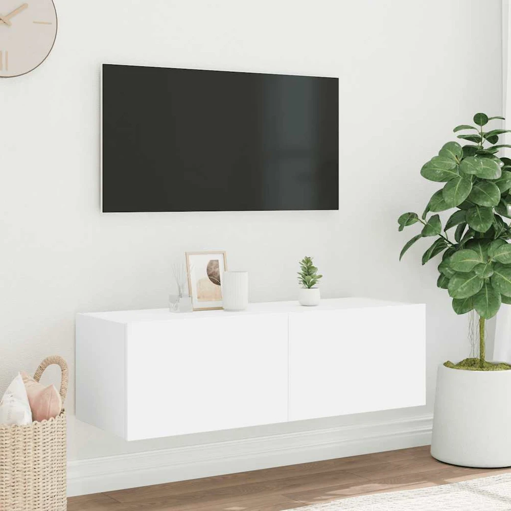 TV staliukas Sieninė TV spintelė su LED lemputėmis, balta, 100x35x31cm