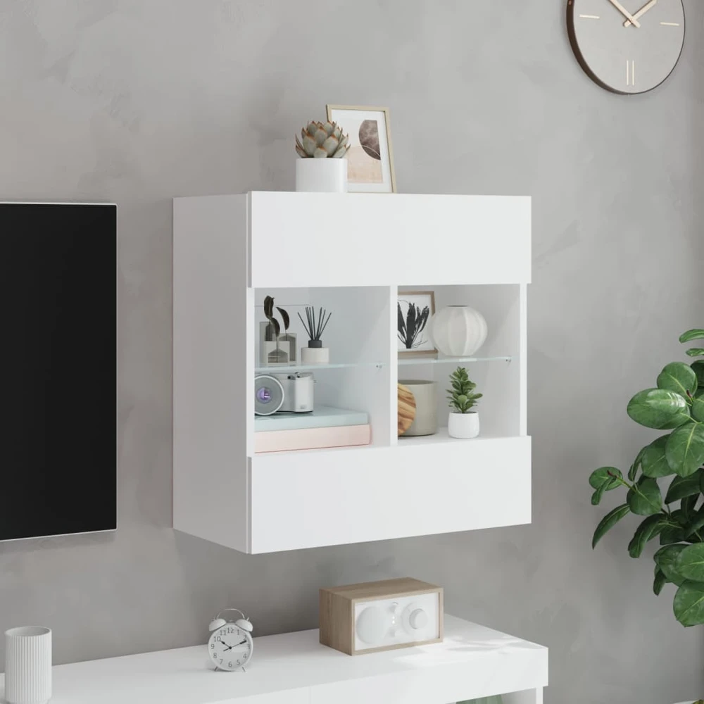 TV staliukas Sieninė TV spintelė su LED lemputėmis, balta, 58,5x30x60,5cm