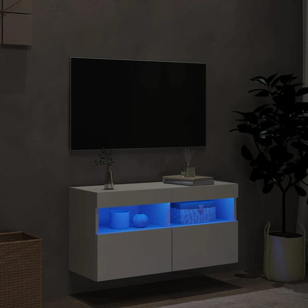 TV staliukas Sieninė TV spintelė su LED lemputėmis, balta, 80x30x40cm