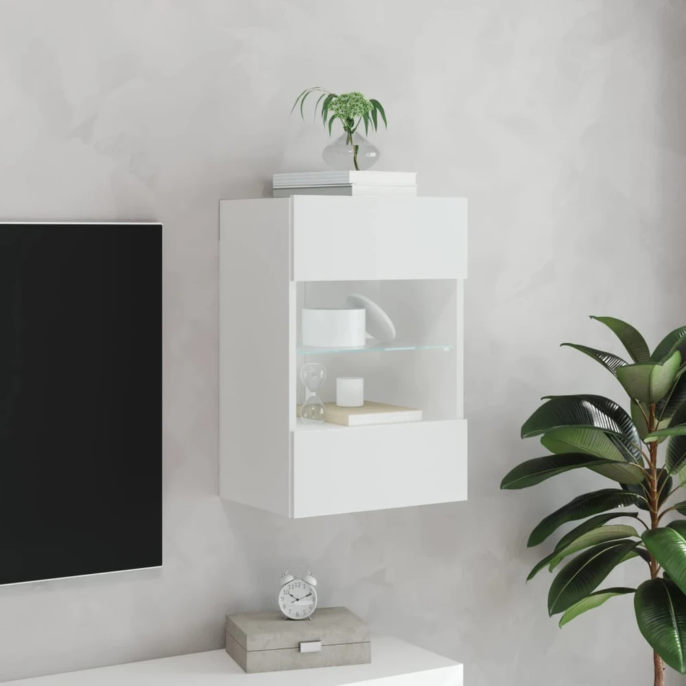 TV staliukas Sieninė TV spintelė su LED lemputėmis, balta, 40x30x60,5cm
