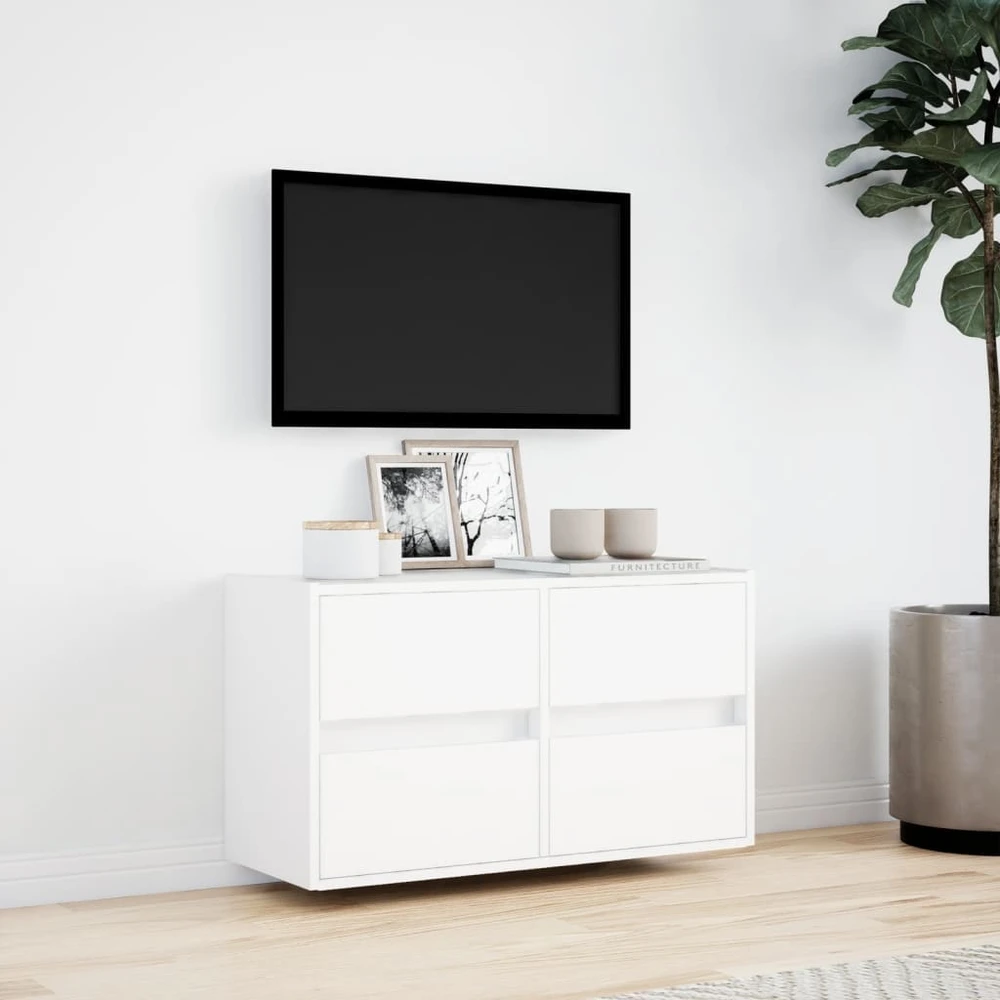 TV staliukas Sieninė TV spintelė su LED lemputėmis, balta, 80x31x45cm