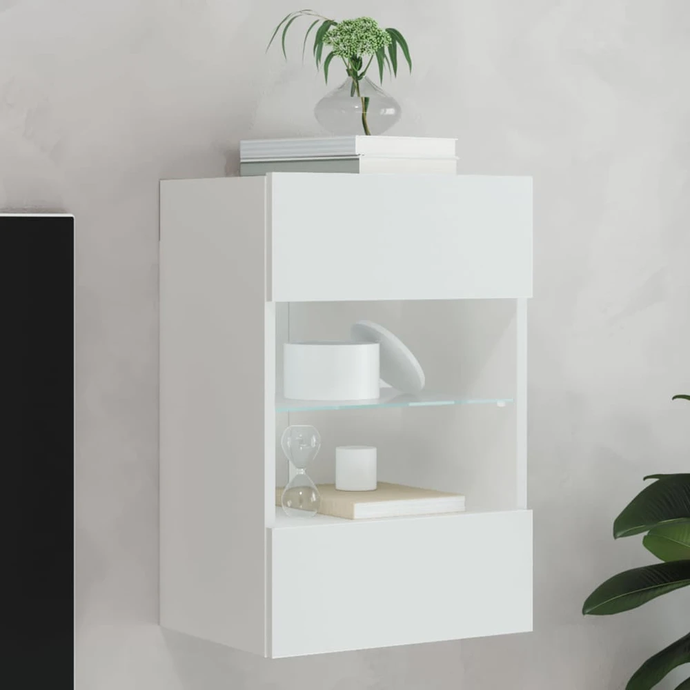 TV staliukas Sieninė TV spintelė su LED lemputėmis, balta, 40x30x60,5cm