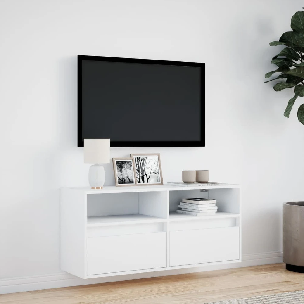 TV staliukas Sieninė TV spintelė su LED lemputėmis, balta, 100x31x45cm