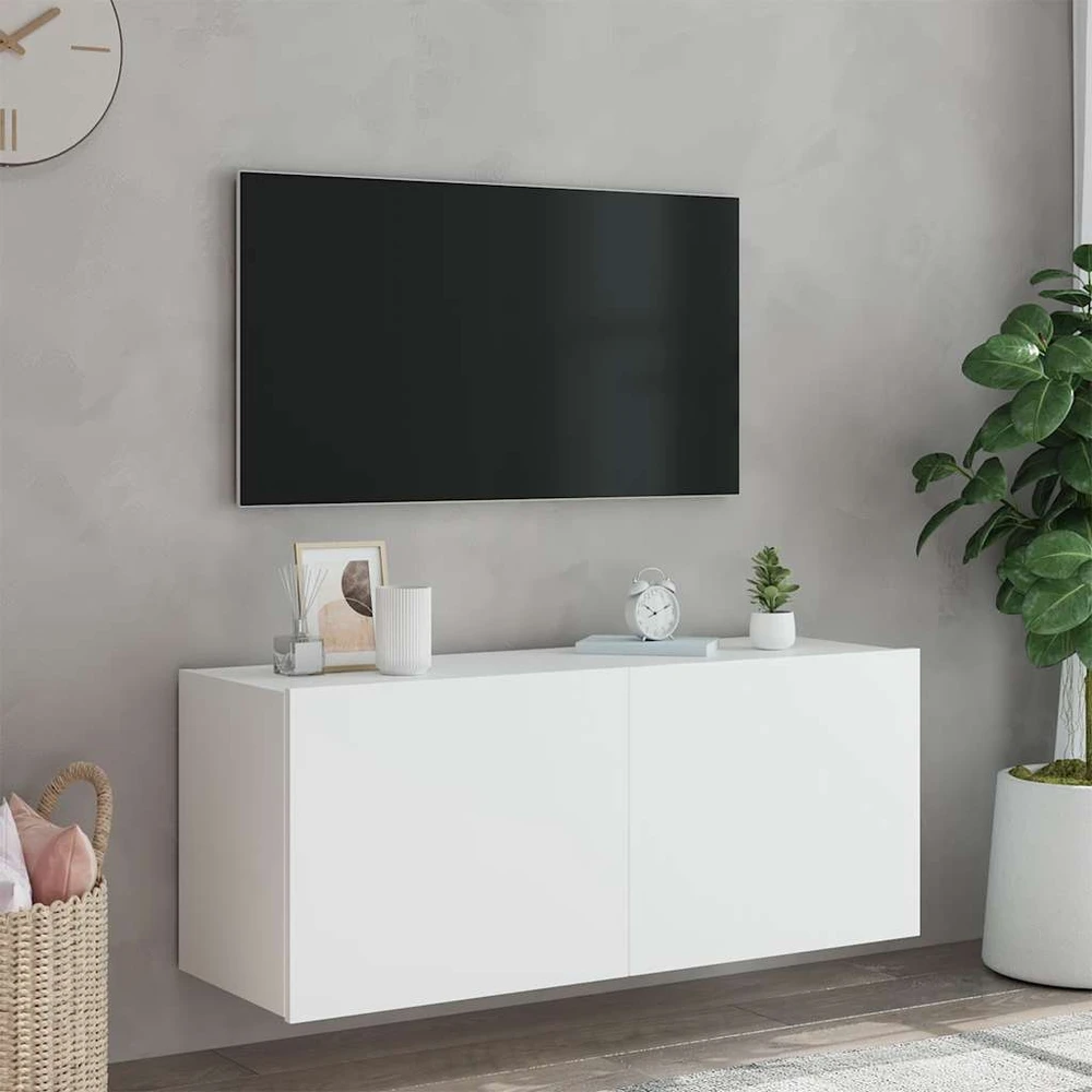 TV staliukas Sieninė TV spintelė su LED lemputėmis, balta, 100x35x41cm