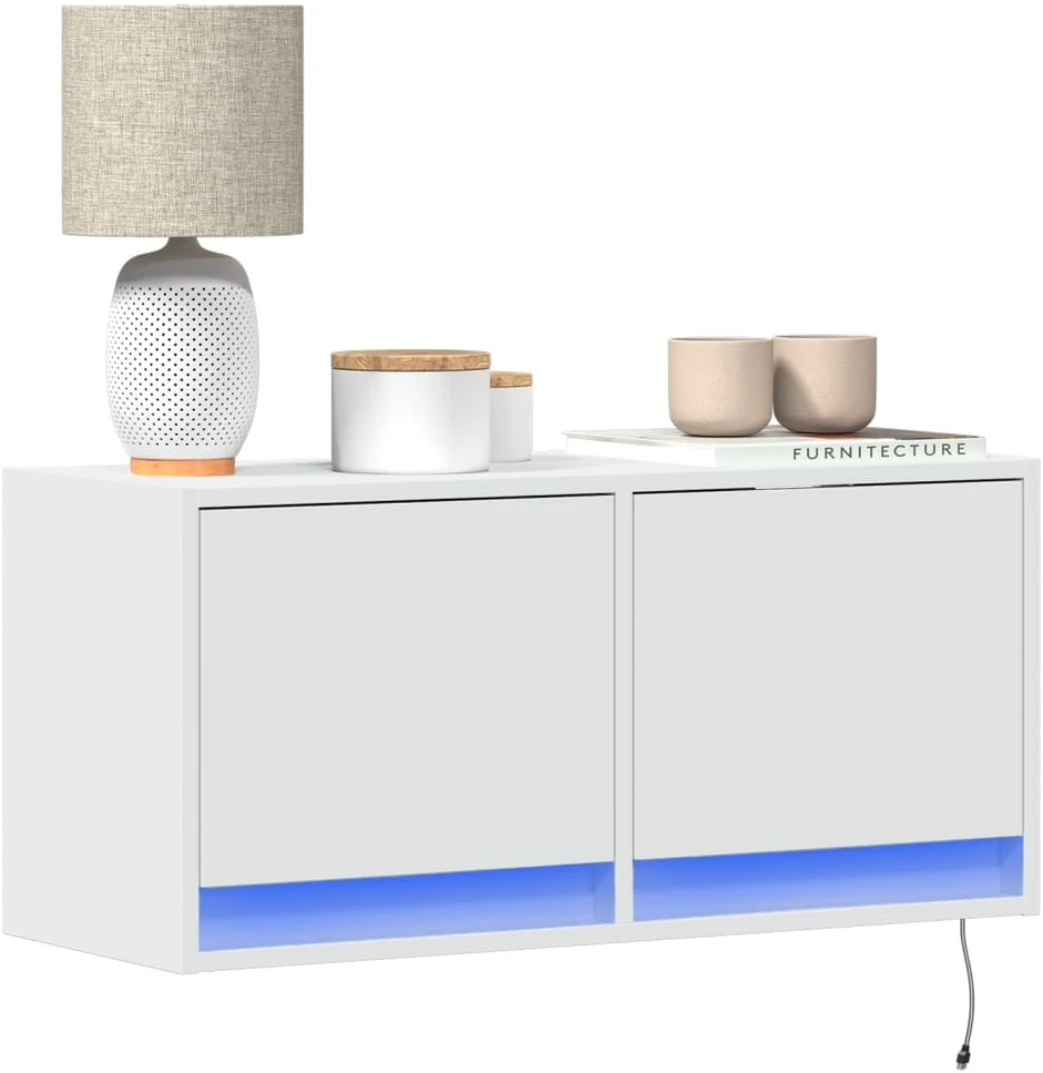 TV staliukas Sieninė TV spintelė su LED lemputėmis, balta, 80x31x35cm