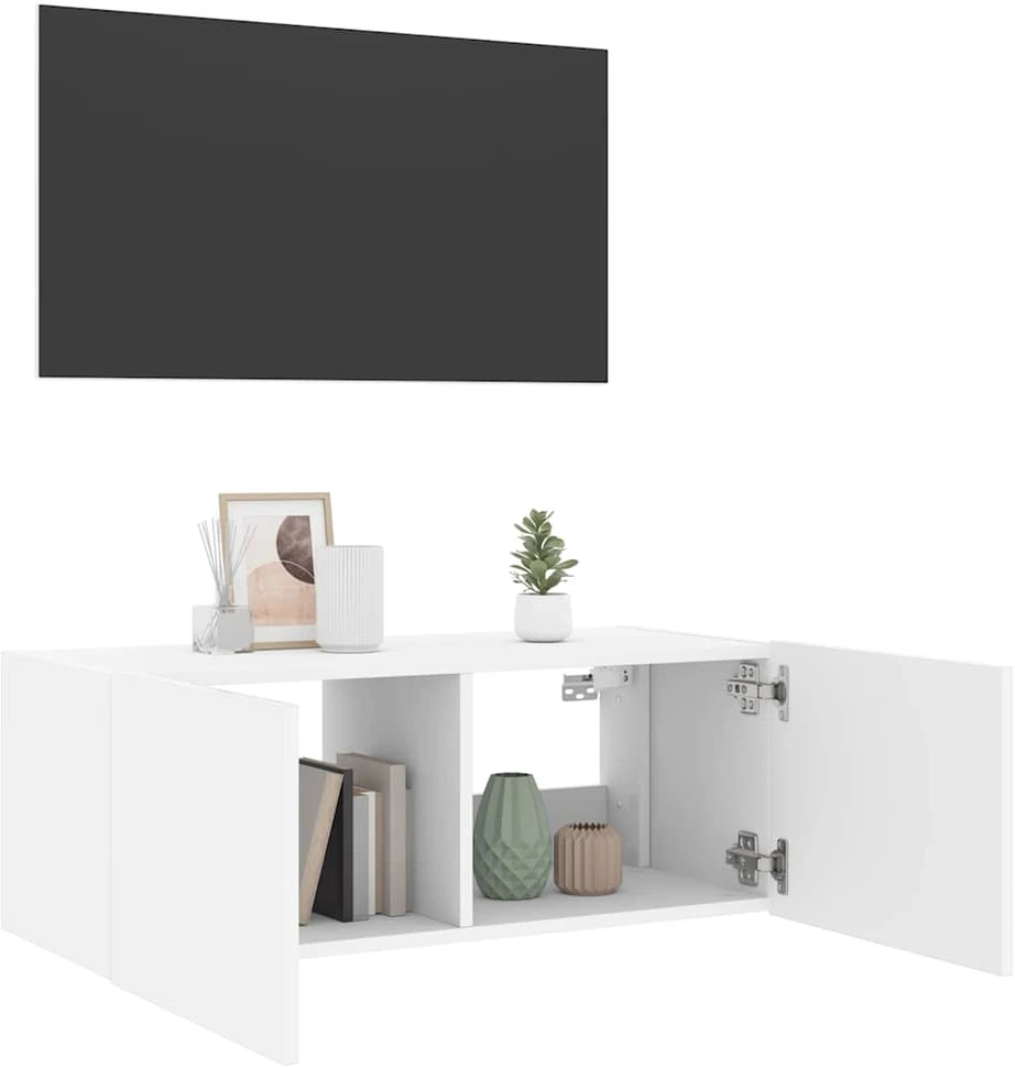 TV staliukas Sieninė TV spintelė su LED lemputėmis, balta, 80x35x31cm