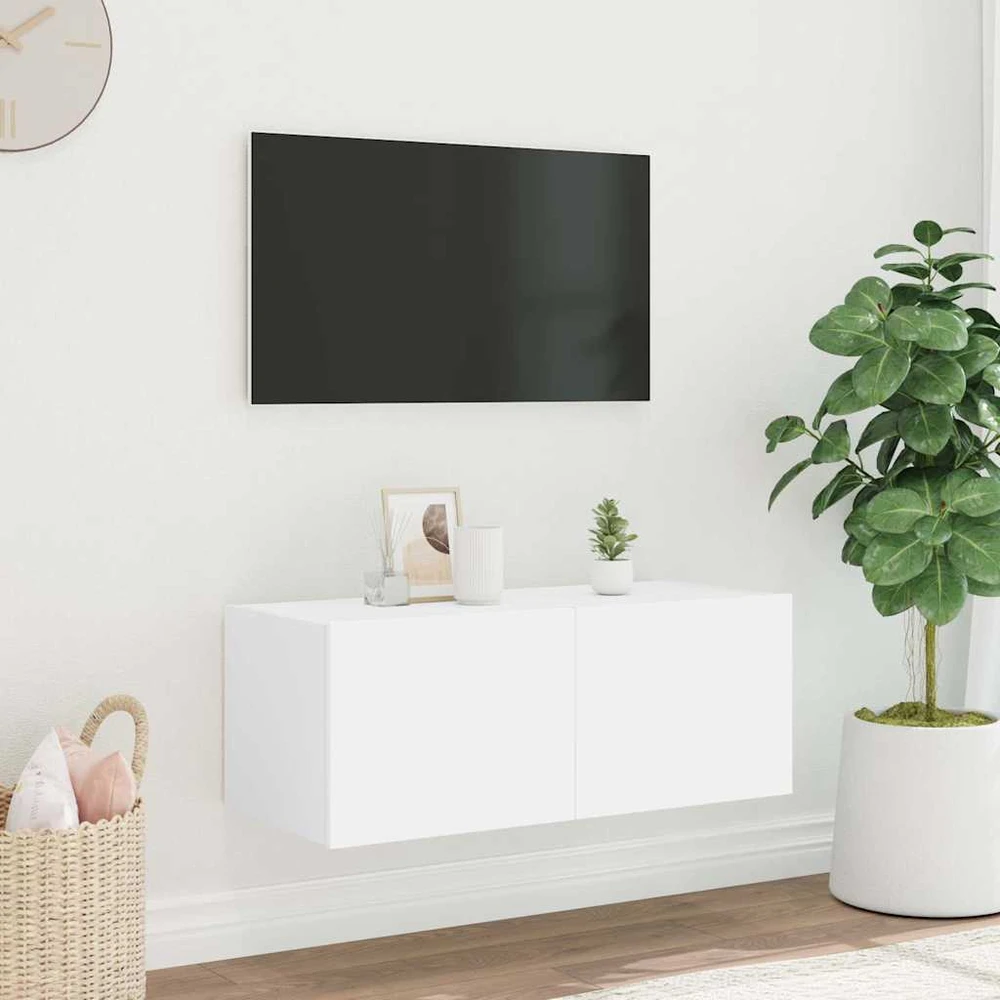 TV staliukas Sieninė TV spintelė su LED lemputėmis, balta, 80x35x31cm