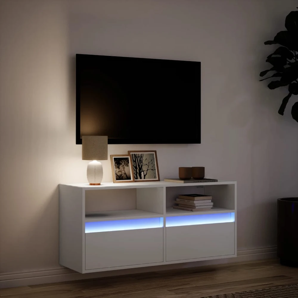 TV staliukas Sieninė TV spintelė su LED lemputėmis, balta, 100x31x45cm