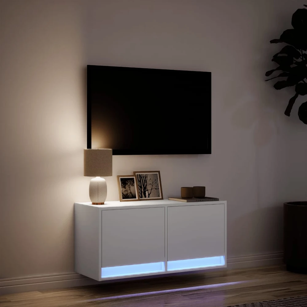TV staliukas Sieninė TV spintelė su LED lemputėmis, balta, 80x31x35cm