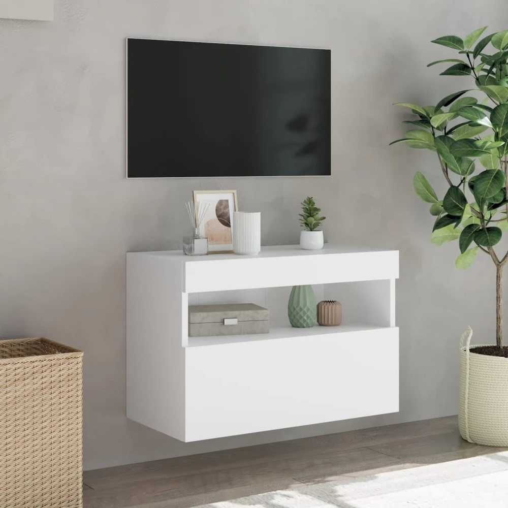 TV staliukas Sieninė TV spintelė su LED lemputėmis, balta, 60x30x40cm