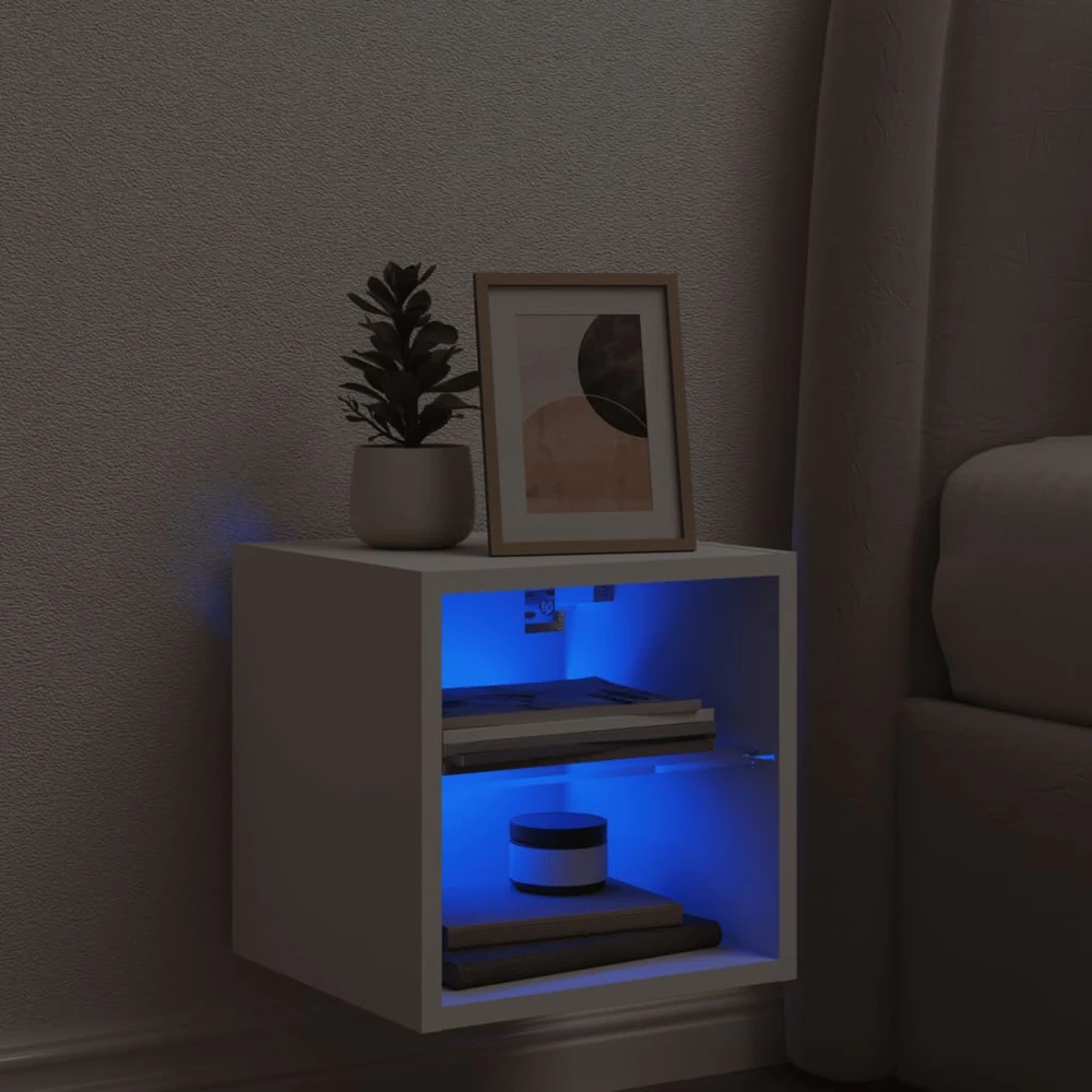 TV staliukas Sieninė TV spintelė su LED lemputėmis, balta, 30x28,5x30cm
