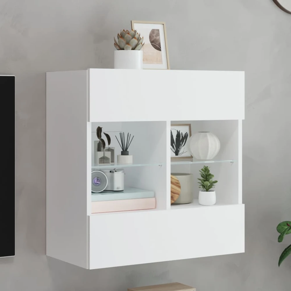 TV staliukas Sieninė TV spintelė su LED lemputėmis, balta, 58,5x30x60,5cm