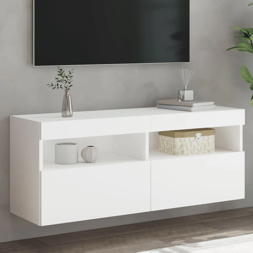 TV staliukas Sieninė TV spintelė su LED lemputėmis, balta, 100x30x40cm