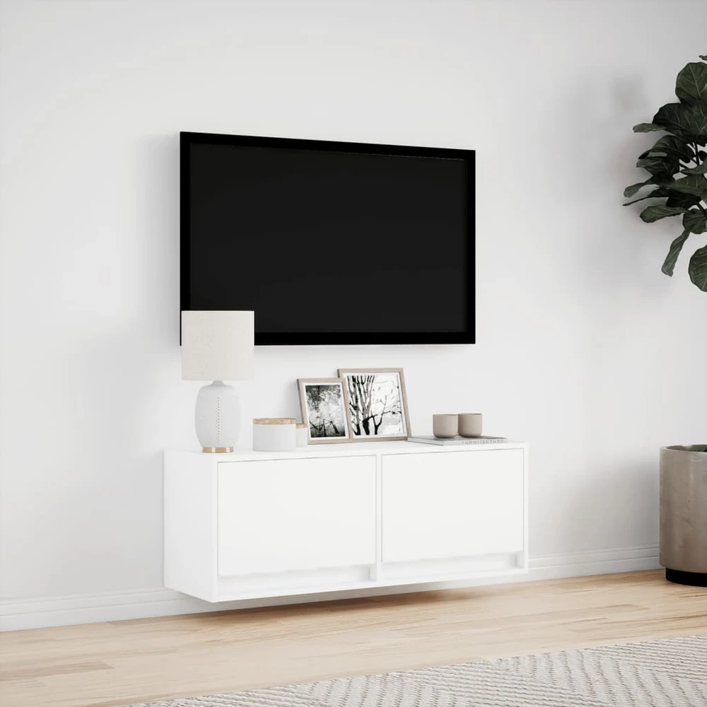 TV staliukas Sieninė TV spintelė su LED lemputėmis, balta, 100x31x35cm