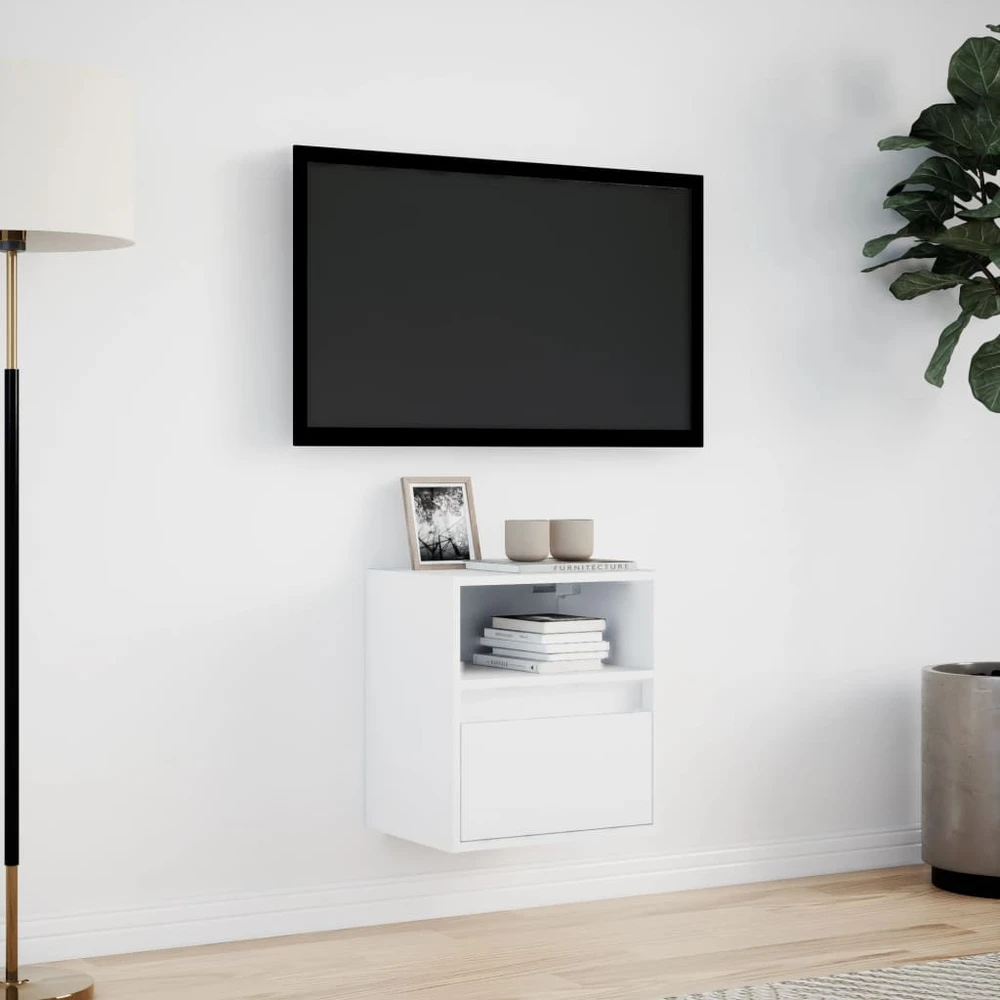 TV staliukas Sieninė TV spintelė su LED lemputėmis, balta, 41x31x45cm