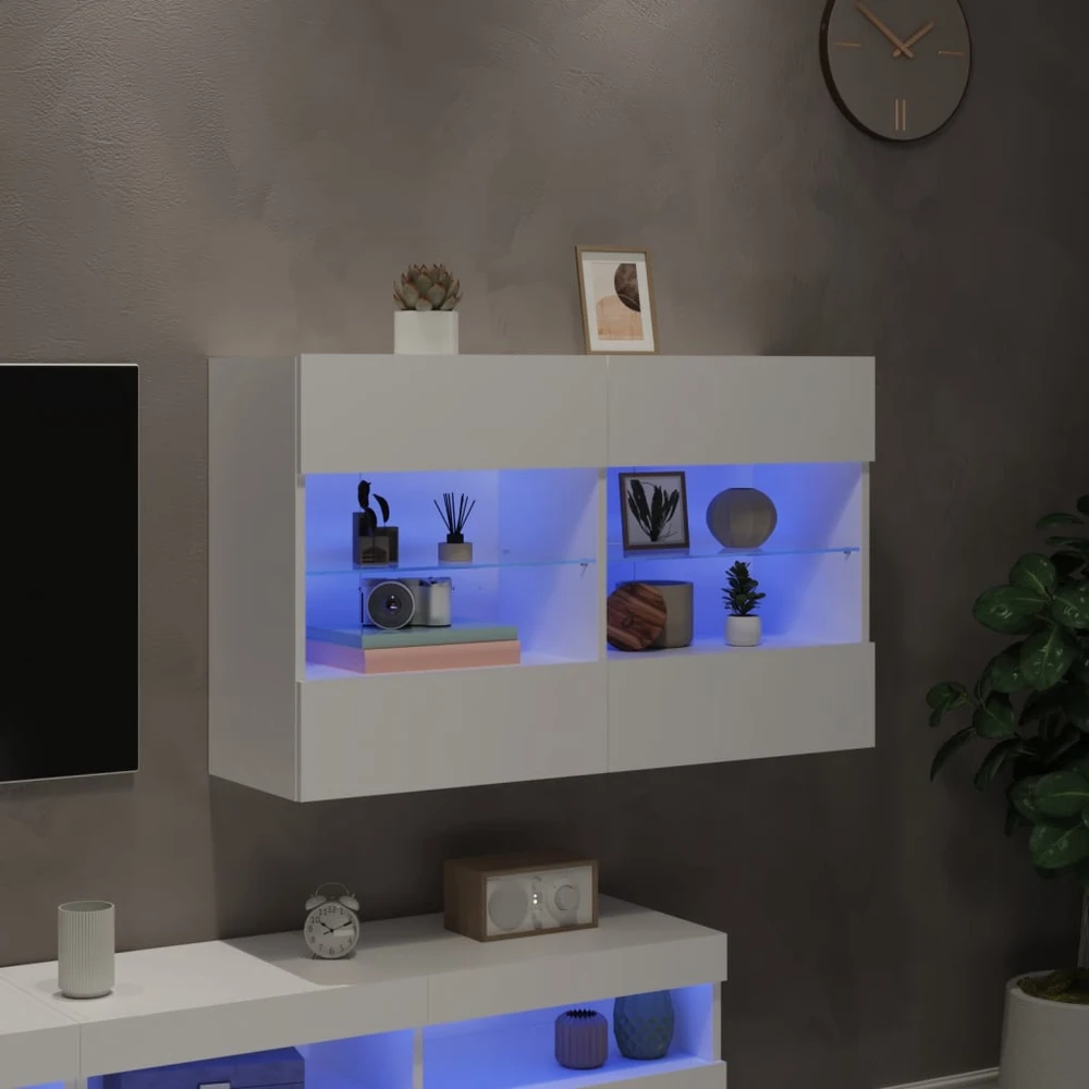 TV staliukas Sieninė TV spintelė su LED lemputėmis, balta, 98,5x30x60,5cm