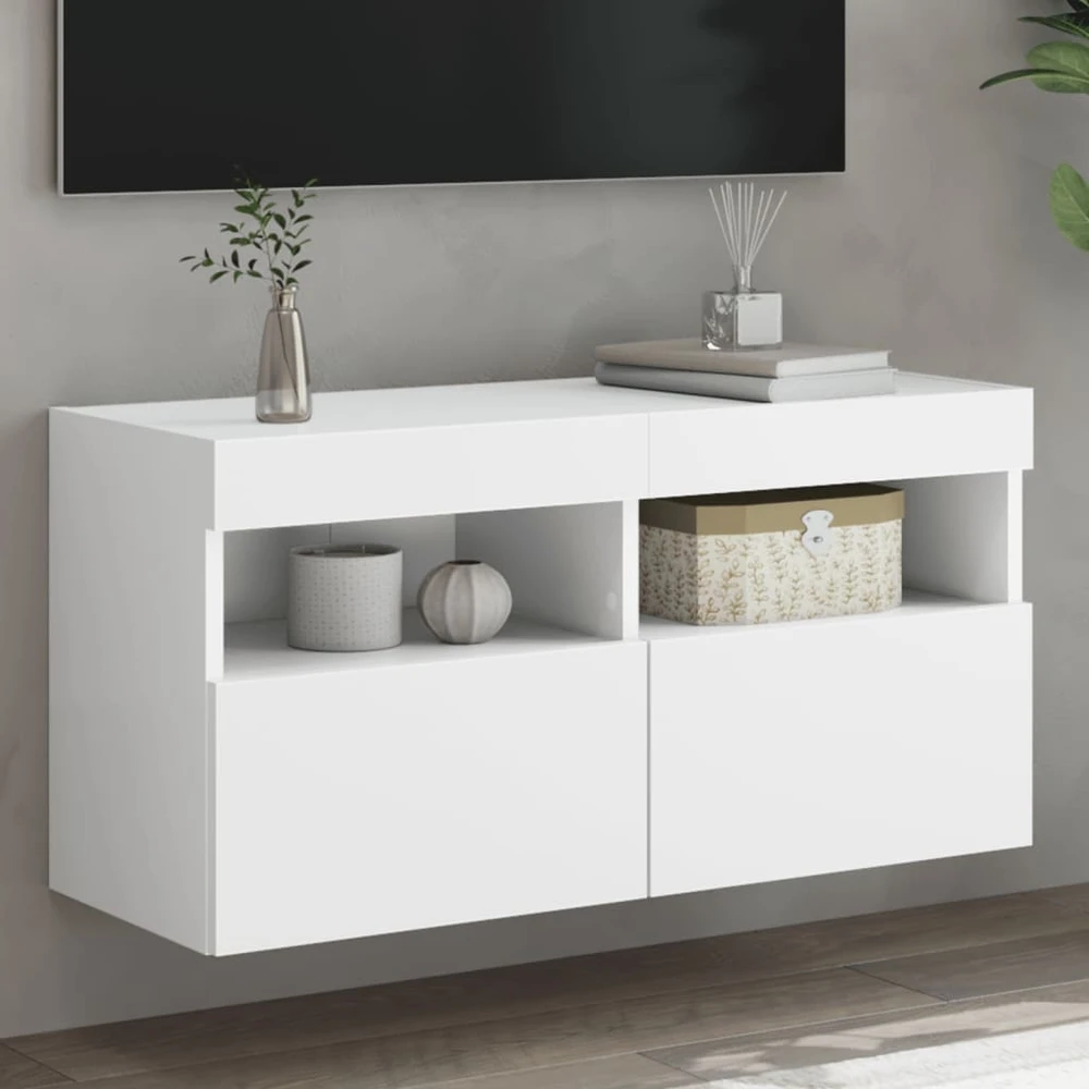 TV staliukas Sieninė TV spintelė su LED lemputėmis, balta, 80x30x40cm