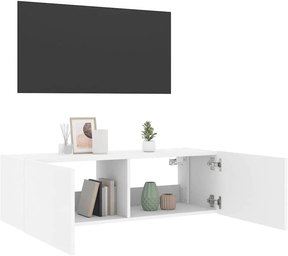 TV staliukas Sieninė TV spintelė su LED lemputėmis, balta, 100x35x31cm