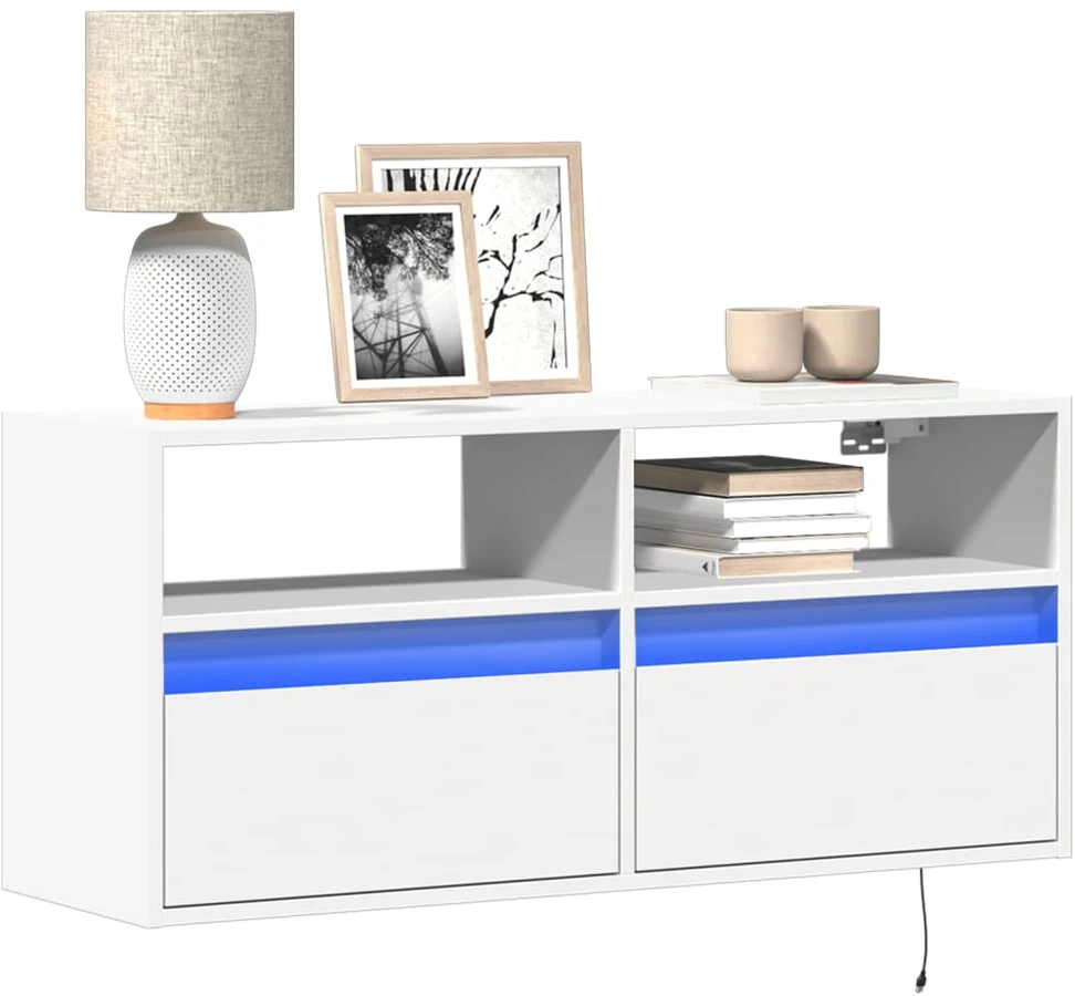 TV staliukas Sieninė TV spintelė su LED lemputėmis, balta, 100x31x45cm