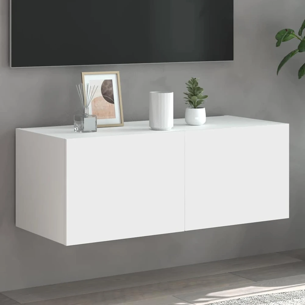 TV staliukas Sieninė TV spintelė su LED lemputėmis, balta, 80x35x31cm
