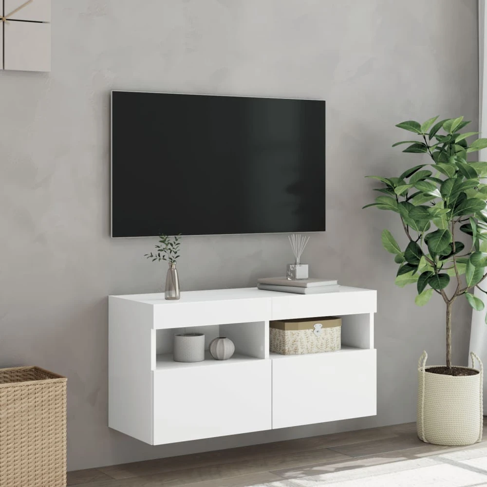 TV staliukas Sieninė TV spintelė su LED lemputėmis, balta, 80x30x40cm