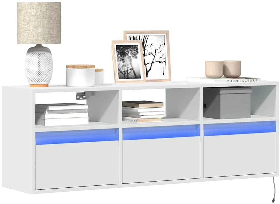 TV staliukas Sieninė TV spintelė su LED lemputėmis, balta, 130x31x45 cm
