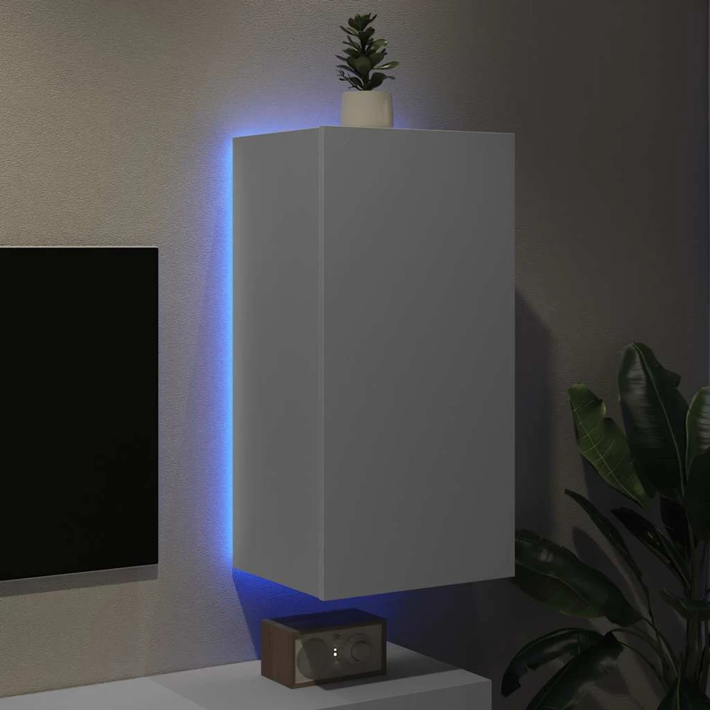 TV staliukas Sieninė TV spintelė su LED lemputėmis, balta, 40,5x35x80cm