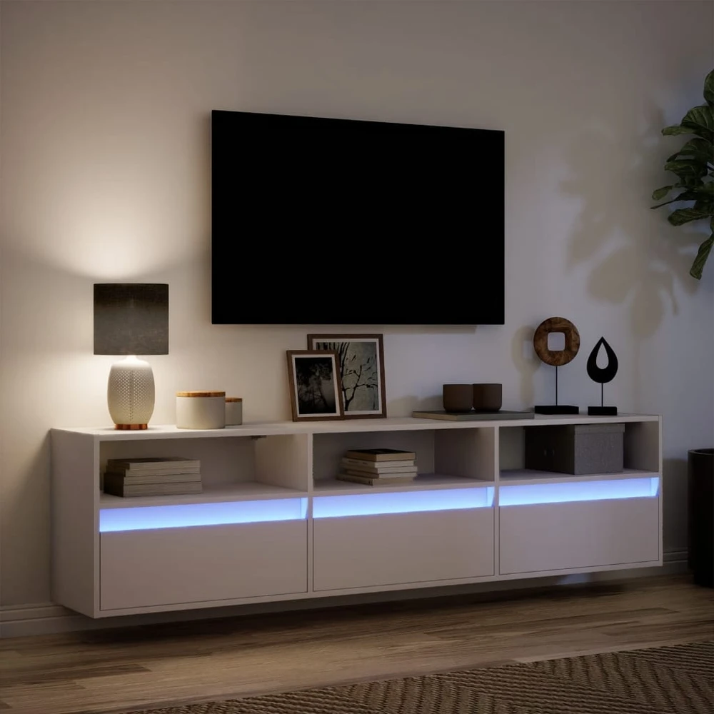 TV staliukas Sieninė TV spintelė su LED lemputėmis, balta, 180x31x45cm
